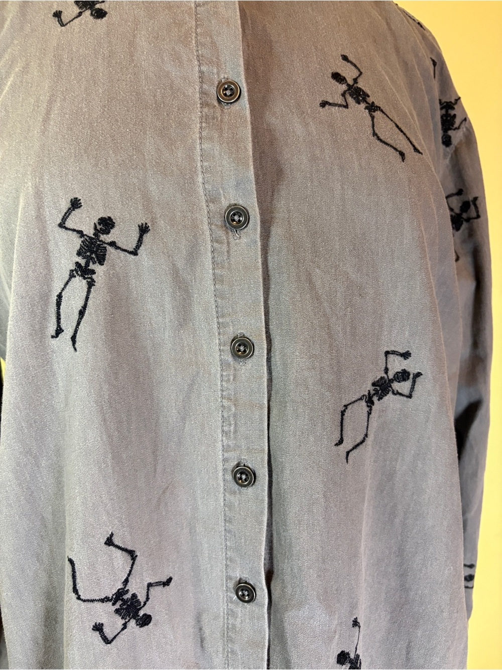 Jane and Delancey Gray Button-Down Shirt with Black Skeleton Print - Picture 3 of 12